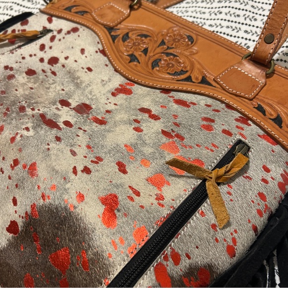 Tooled Leather, Hair on Hide & Fringe Western Purse - Picture 3 of 9